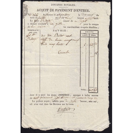 Duché de Savoie - Chambéry - 19/07/1825 - Droit de douane - 147 livres et 65 centimes - Etat : SUP