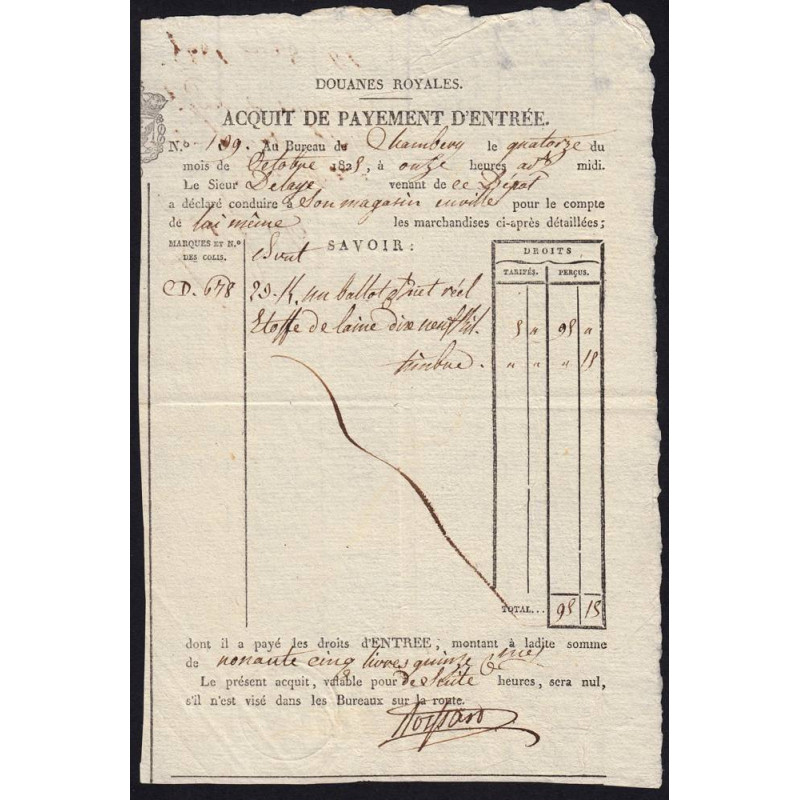 Duché de Savoie - Chambéry - 14/10/1825 - Droit de douane - 95 livres et 15 centimes - Etat : SUP