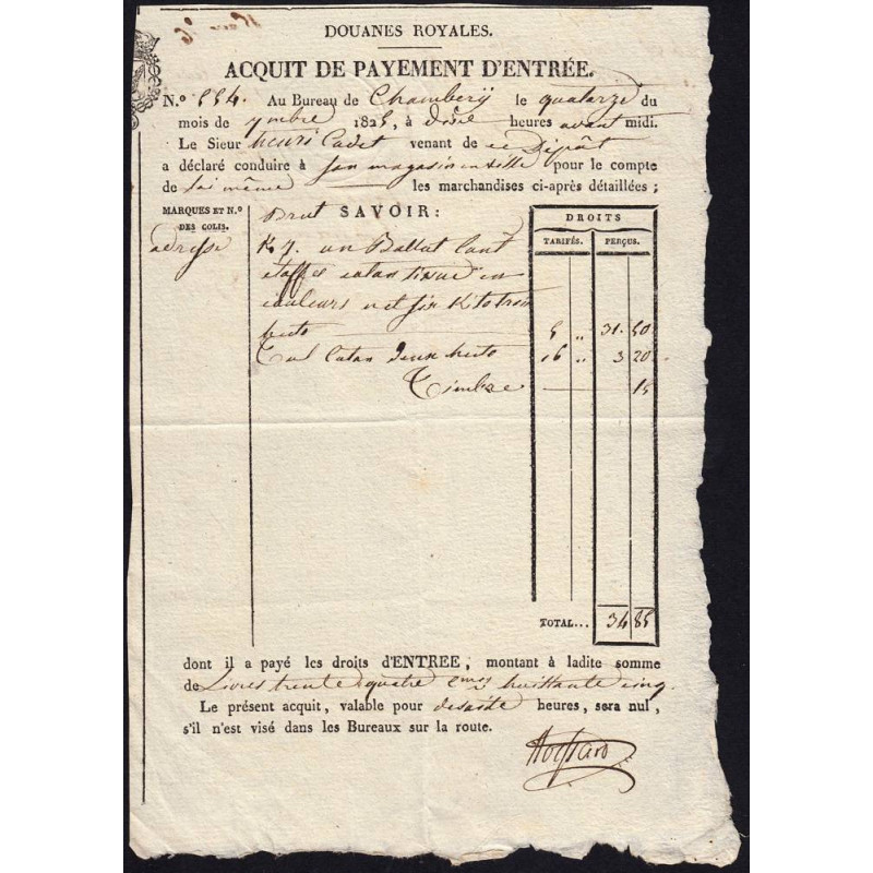 Duché de Savoie - Chambéry - 14/09/1825 - Droit de douane - 34 livres et 85 centimes - Etat : SUP