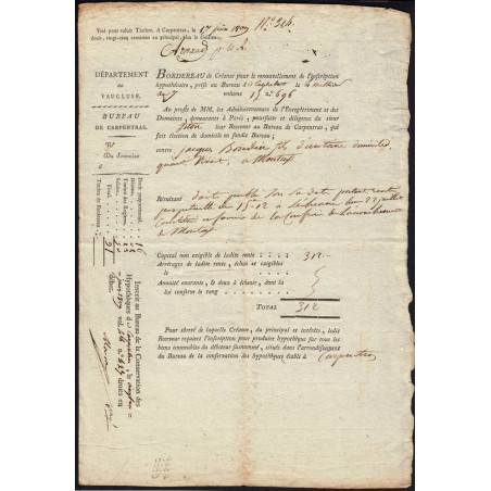 Vaucluse - Carpentras - 1er empire - 1809 - Créance hypothécaire - 312 francs - Etat : TTB