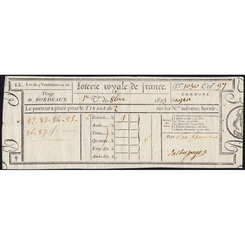 1823 - Bordeaux - Agen - Loterie Royale de France - 6 francs - Etat : SUP