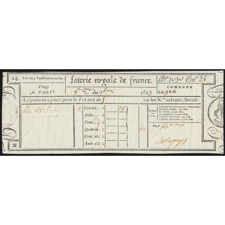 1823 - Paris - Agen - Loterie Royale de France - 50 centimes - Etat : SUP