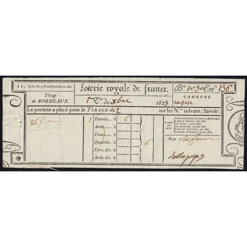 1823 - Bordeaux - Agen - Loterie Royale de France - 6 francs - Etat : SUP