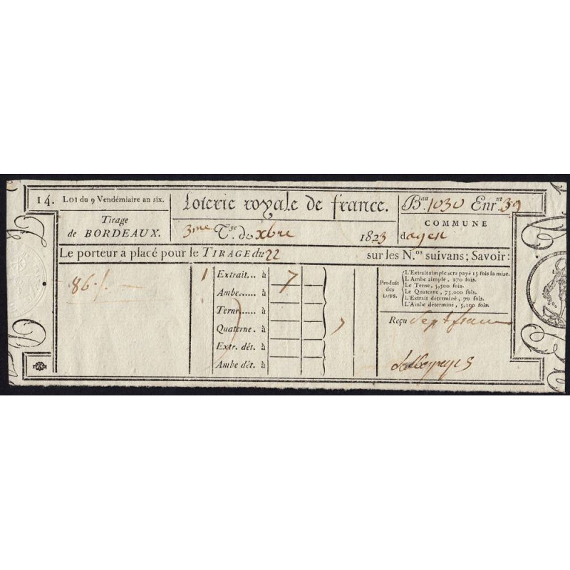 1823 - Bordeaux - Agen - Loterie Royale de France - 7 francs - Etat : SUP