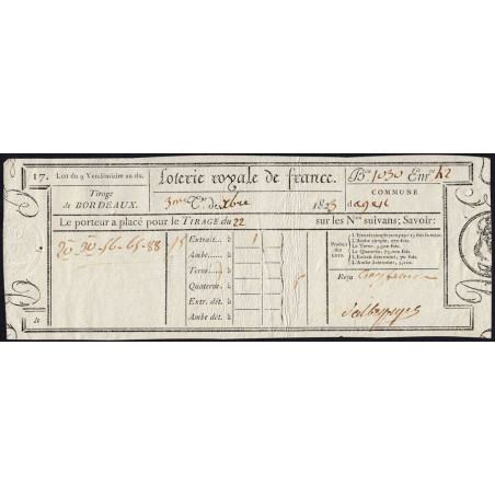 1823 - Bordeaux - Agen - Loterie Royale de France - 5 francs - Etat : SUP