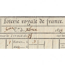 1823 - Paris - Agen - Loterie Royale de France - 3 francs - Etat : SUP