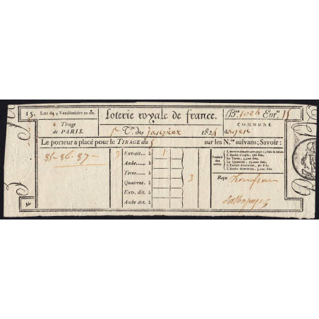 1824 - Paris - Agen - Loterie Royale de France - 3 francs - Etat : SUP