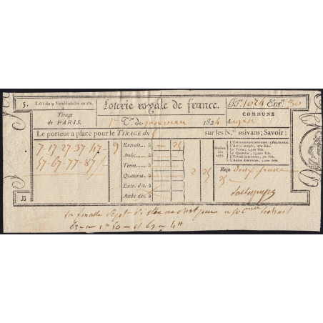 1824 - Paris - Agen - Loterie Royale de France - 2 francs 25 centimes - Etat : TTB