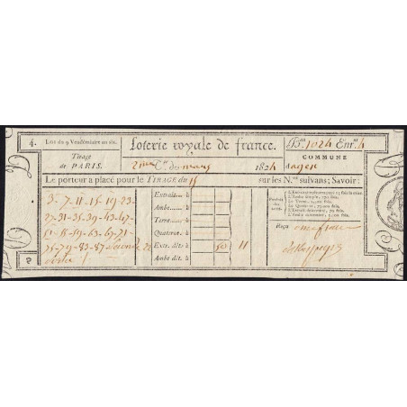 1824 - Paris - Agen - Loterie Royale de France - 11 francs - Etat : SUP