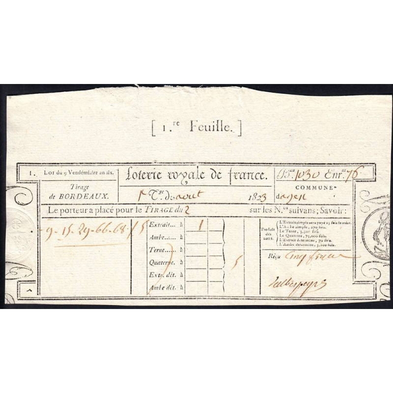 1823 - Bordeaux - Agen - Loterie Royale de France - 5 francs - Etat : SUP