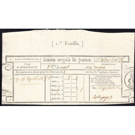 1823 - Bordeaux - Agen - Loterie Royale de France - 5 francs - Etat : SUP