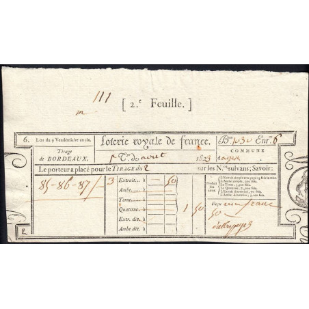 1823 - Bordeaux - Agen - Loterie Royale de France - 1 franc 50 centimes - Etat : SUP