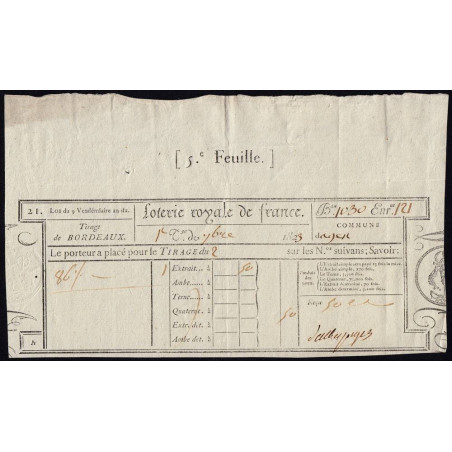 1823 - Bordeaux - Agen - Loterie Royale de France - 50 centimes - Etat : SUP