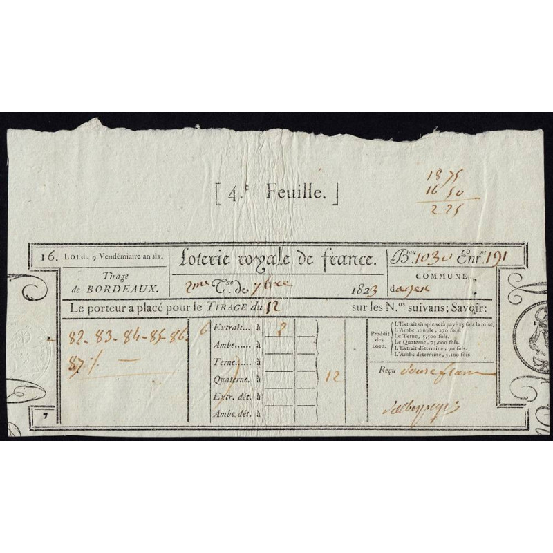 1823 - Bordeaux - Agen - Loterie Royale de France - 1823 - 12 francs - Etat : SUP