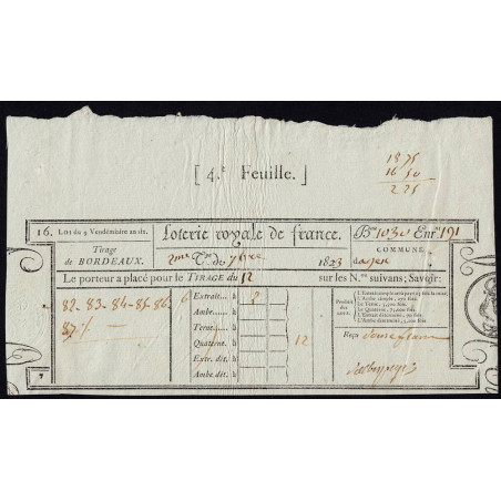 1823 - Bordeaux - Agen - Loterie Royale de France - 1823 - 12 francs - Etat : SUP
