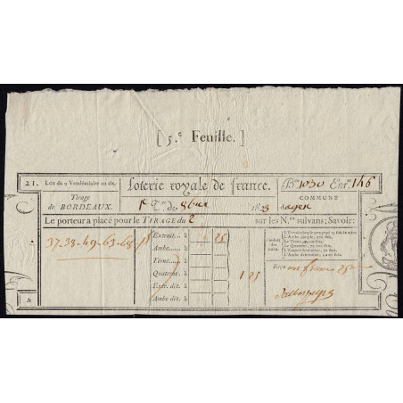 1823 - Bordeaux - Agen - Loterie Royale de France - 1823 - 1 franc 25 centimes - Etat : SUP
