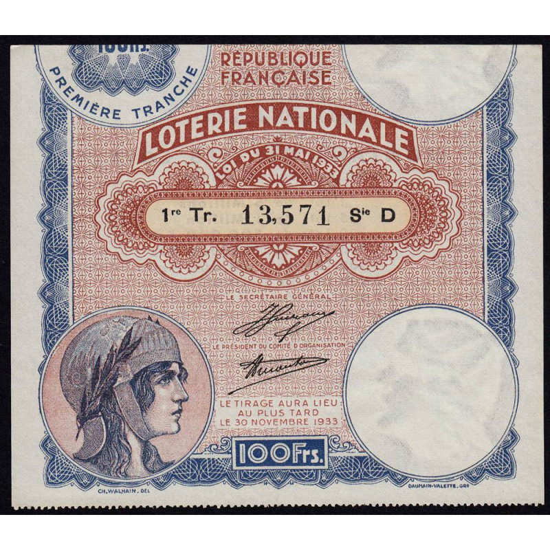 1933 - Loterie Nationale - 1e tranche - Etat : SUP