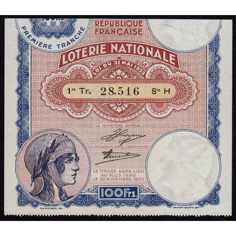 1933 - Loterie Nationale - 1e tranche - Etat : TTB