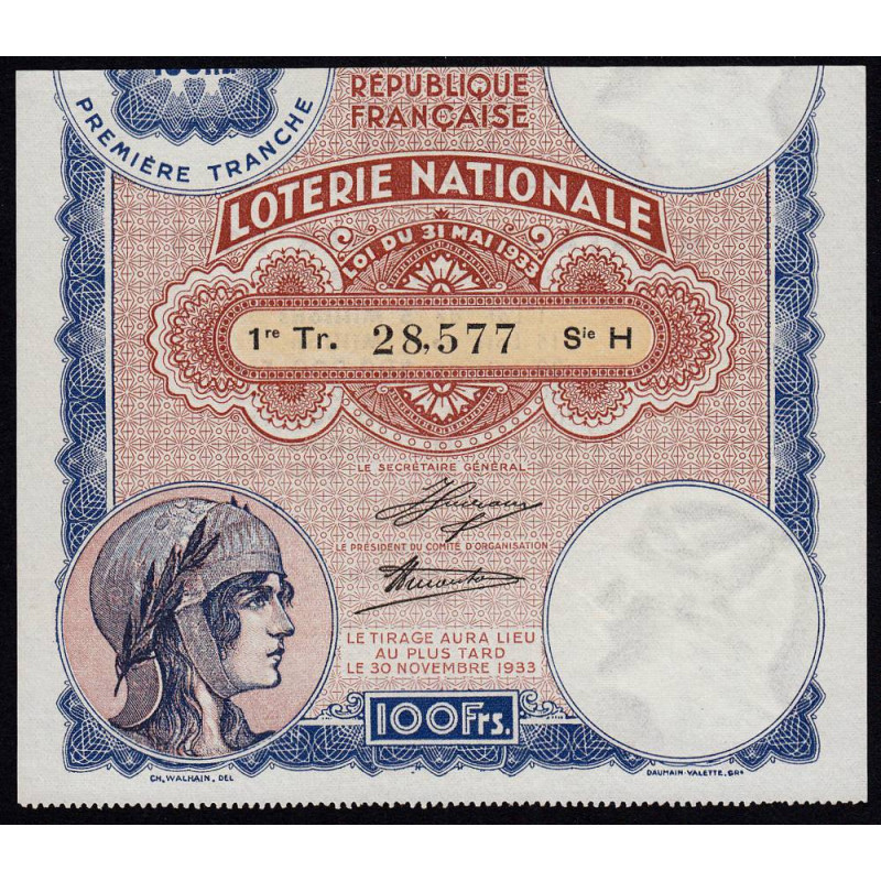 1933 - Loterie Nationale - 1e tranche - Etat : SUP