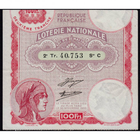 1933 - Loterie Nationale - 2e tranche - Etat : TTB