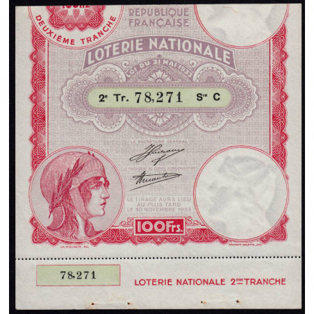 1933 - Loterie Nationale - 2e tranche - Etat : SUP