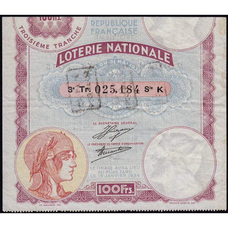 1933 - Loterie Nationale - 3e tranche - Etat : TTB