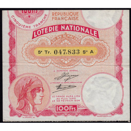 1933 - Loterie Nationale - 5e tranche - Etat : TTB