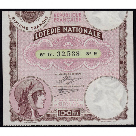 1933 - Loterie Nationale - 6e tranche - Etat : TTB