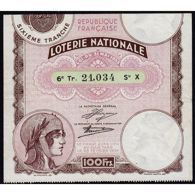 1933 - Loterie Nationale - 6e tranche - Etat : TTB