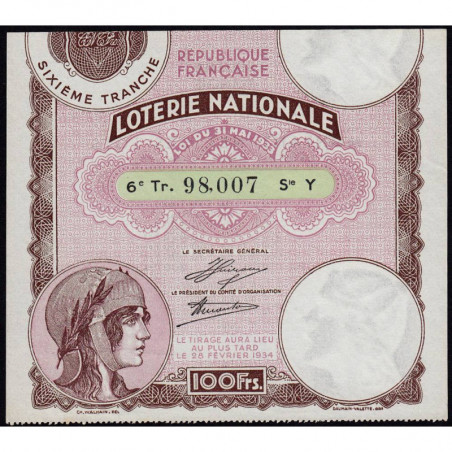 1933 - Loterie Nationale - 6e tranche - Etat : SUP