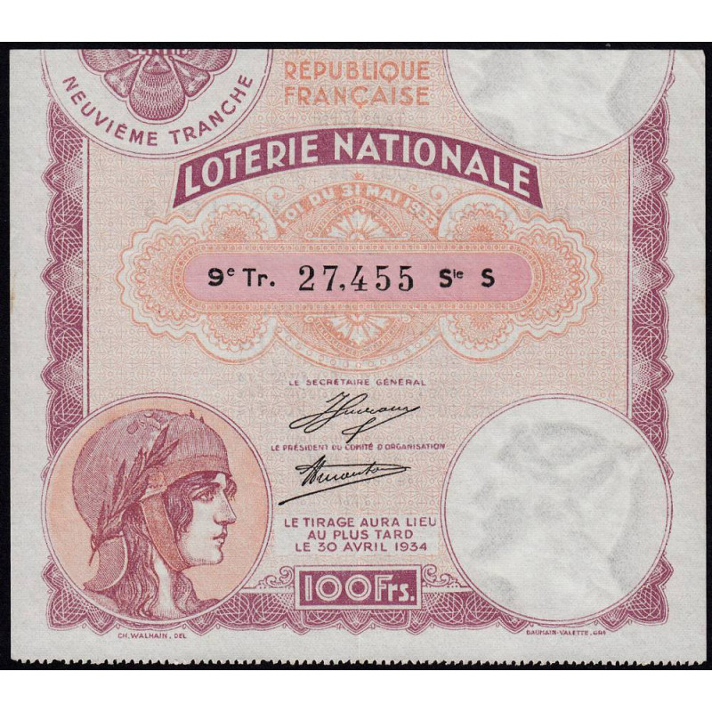1933 - Loterie Nationale - 9e tranche - Etat : TTB