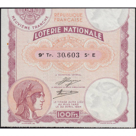 1933 - Loterie Nationale - 10e tranche - Etat : SUP