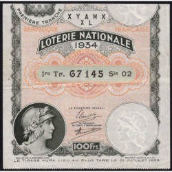 1934 - Loterie Nationale - 1e tranche - Etat : TTB