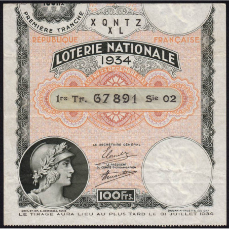 1934 - Loterie Nationale - 1e tranche - Etat : TB