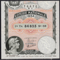 1934 - Loterie Nationale - 1e tranche - Etat : TTB