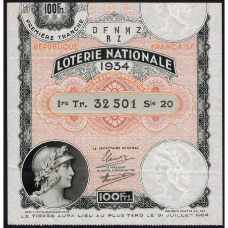 1934 - Loterie Nationale - 1e tranche - Etat : TTB