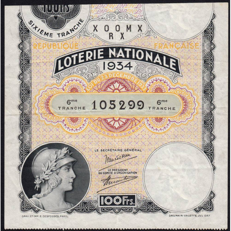 1934 - Loterie Nationale - 6e tranche - Etat : TB+