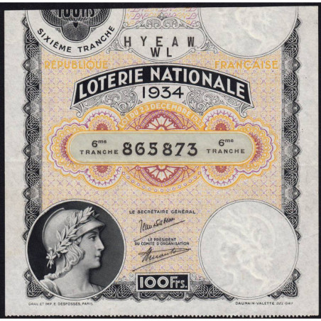 1934 - Loterie Nationale - 6e tranche - Etat : TTB+
