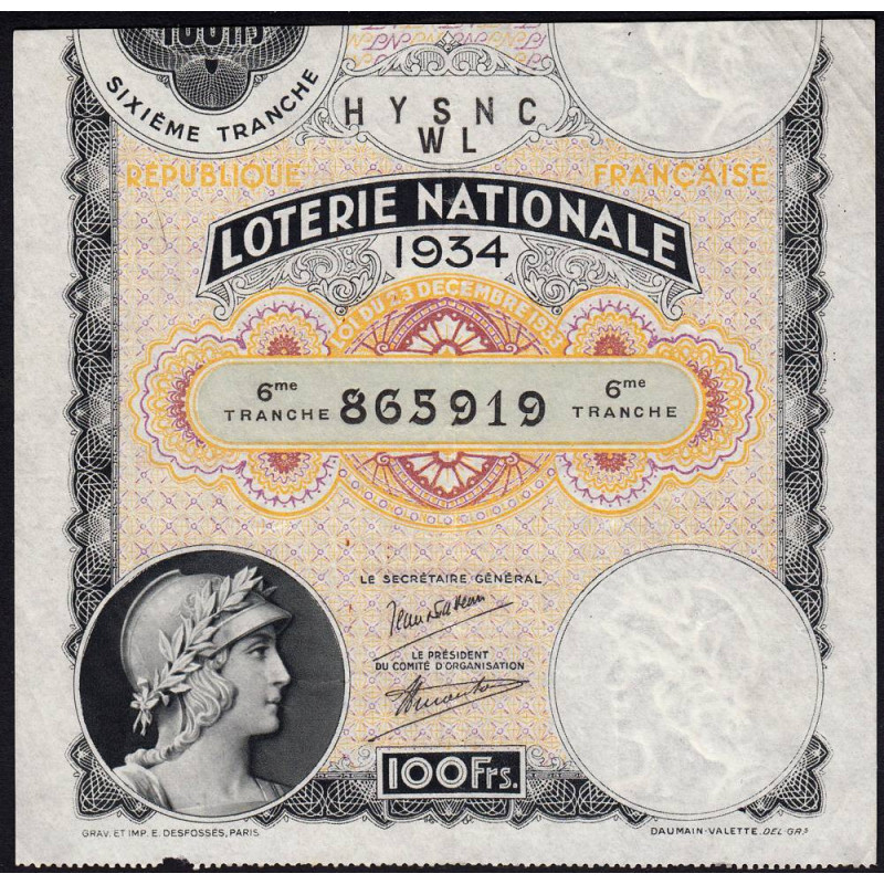 1934 - Loterie Nationale - 6e tranche - Etat : TTB