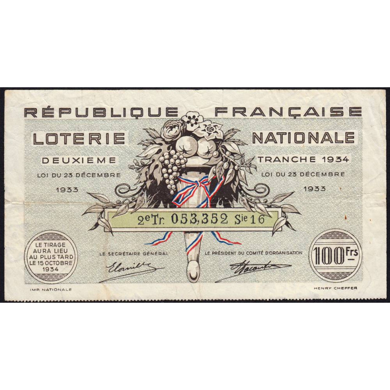 1934 - Loterie Nationale - 2e tranche - Etat : TB