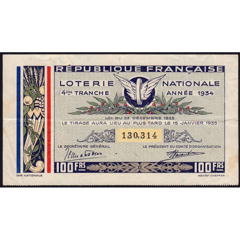 1934 - Loterie Nationale - 4e tranche - Etat : TTB