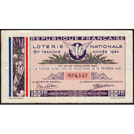 1934 - Loterie Nationale - 5e tranche - Etat : TB