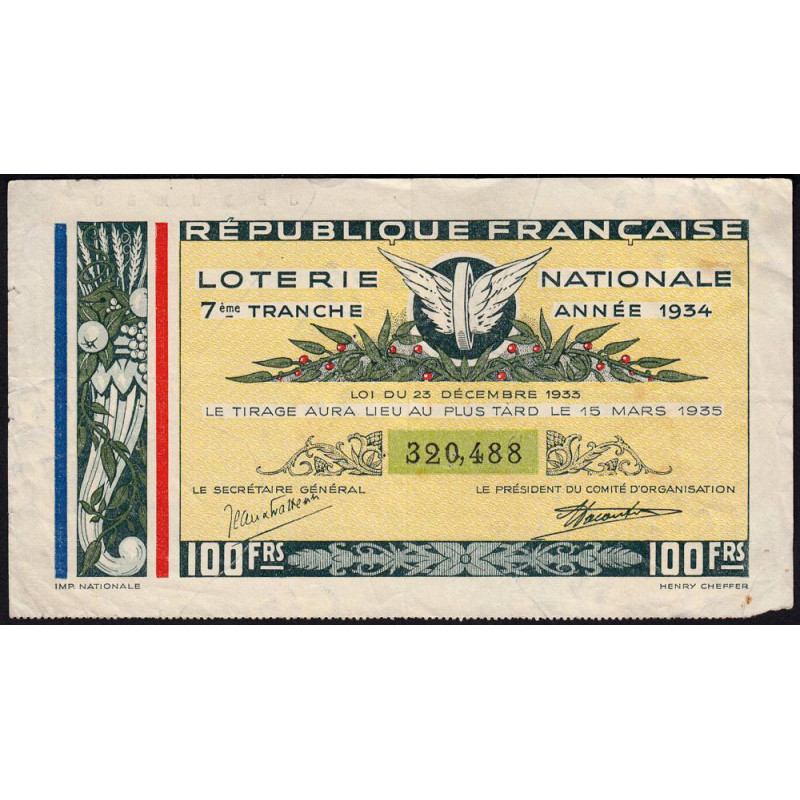 1934 - Loterie Nationale - 7e tranche - Etat : TB+
