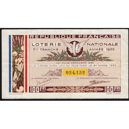 1935 - Loterie Nationale - 1e tranche - Etat : TTB