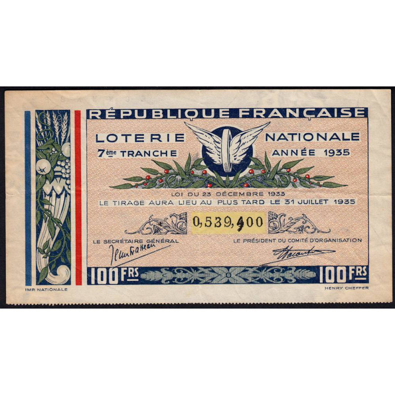 1935 - Loterie Nationale - 7e tranche - Etat : TB