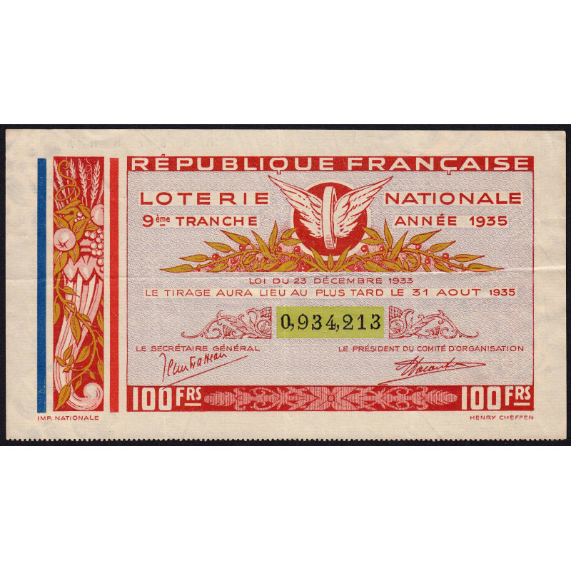 1935 - Loterie Nationale - 9e tranche - Etat : TTB