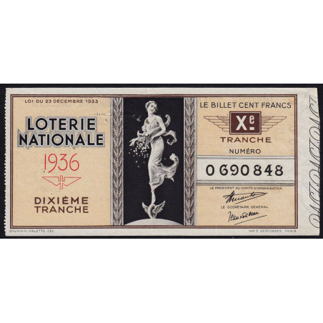 1936 - Loterie Nationale - 10e tranche - Etat : TTB