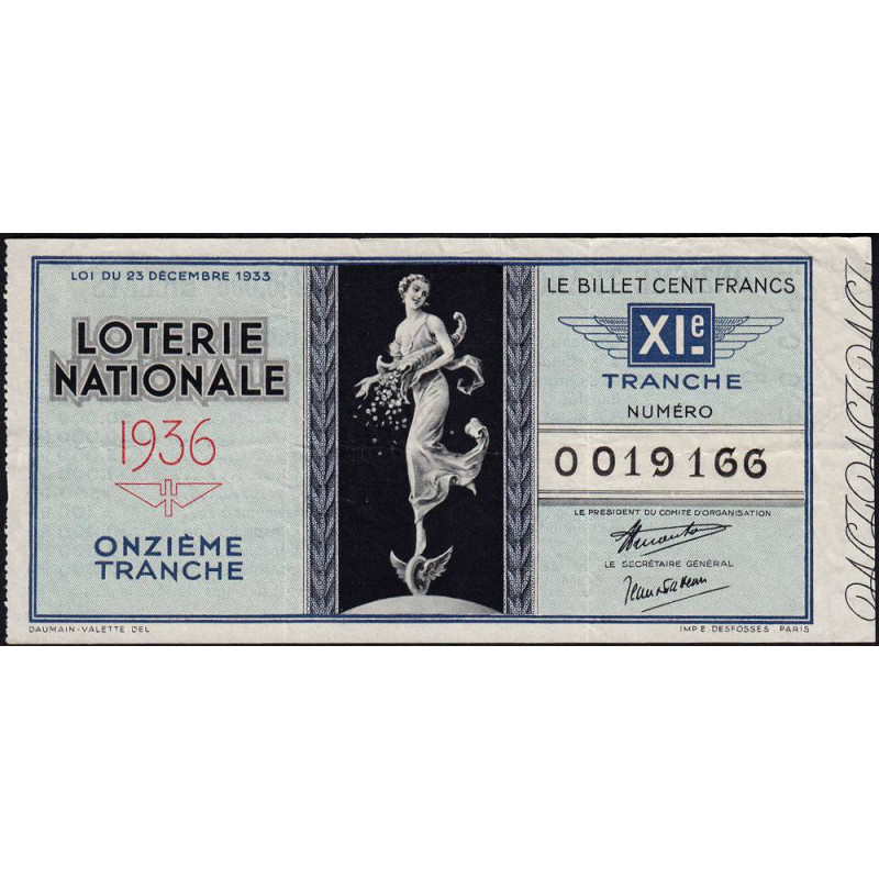 1936 - Loterie Nationale - 11e tranche - Etat : TTB