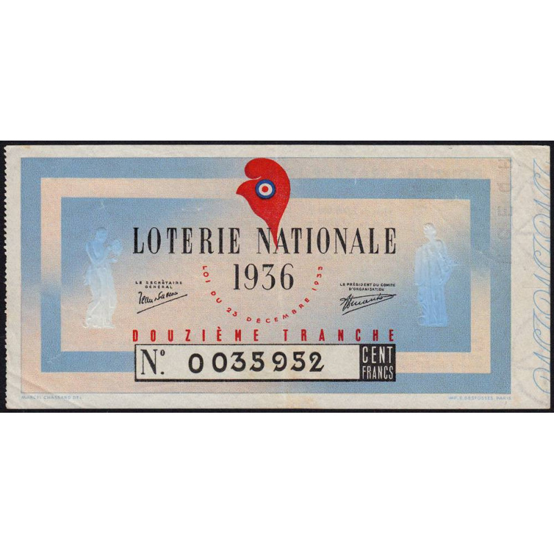 1936 - Loterie Nationale - 12e tranche - Entier - Etat : TTB