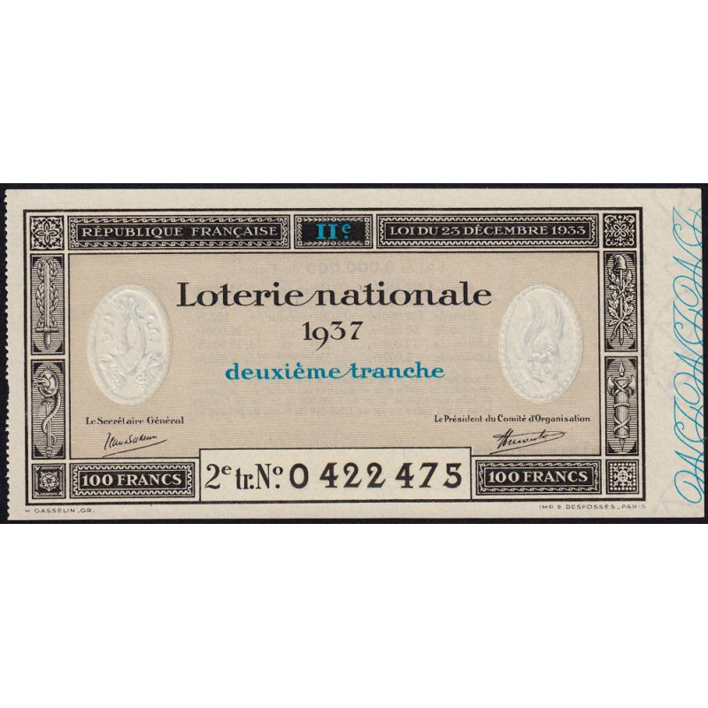 1937 - Loterie Nationale - 2e tranche - Etat : SPL